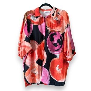 Noen Large Print Poppy Button Front Short Sleeve Top Size 14